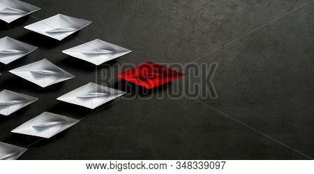 Business Concept, Paper Boat, The Key Opinion Leader, The Concept Of Influence. One Red Paper Boat A
