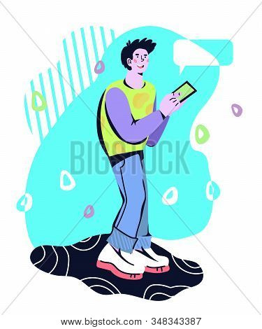 Man Cartoon Character Chatting And Using Mobile Phone For Texting Messages.