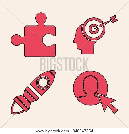 Set User Of Man In Business Suit, Piece Of Puzzle, Head Hunting Concept And Rocket Ship With Fire Ic