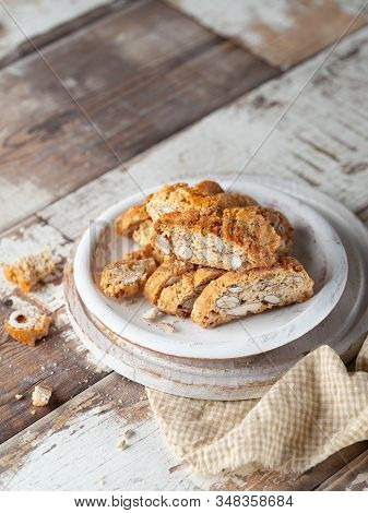 Carquinyolis, A Typical Pastry Of Catalonia, Spain On Rustic Background, Space For Text.