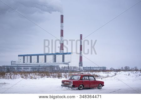 Russia, Novosibirsk - November 30, 2019. Russian Old White Car 