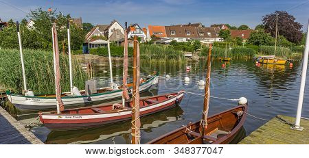Schleswig, Germany - June 25, 2019: Panorama Of Sailing Boats In Holm Village Of Schleswig, Germany
