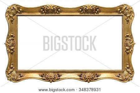 Panoramic Golden Frame For Paintings, Mirrors Or Photo Isolated On White Background