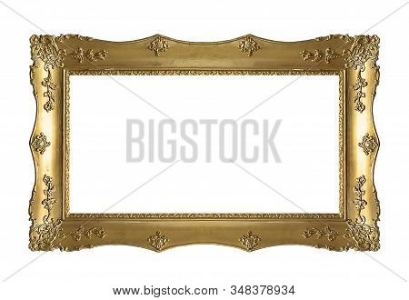 Panoramic Golden Frame For Paintings, Mirrors Or Photo Isolated On White Background