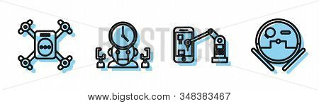 Set Line Industrial Machine Robotic Robot Arm Hand, Drone Flying With Action Camera, Robot And Digit