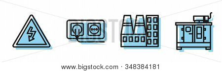 Set Line Power Station Plant And Factory, High Voltage Sign, Electrical Outlet And Diesel Power Gene