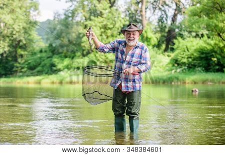 Life Begins At Retirement. Summer Weekend. Fisherman With Fishing Rod. Retired Bearded Fisher. Big G