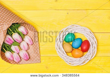 Easter Eggs Symbol. Spring Vibes. Easter Is Coming. Colorful Bright Eggs And Bouquet Fresh Tulip Flo