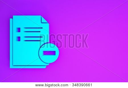 Blue Document With Minus Icon Isolated On Purple Background. Clear Document. Remove File Document. D