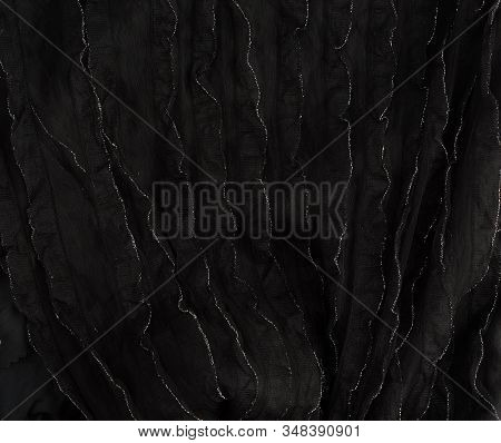 Texture Of Black Cotton Fabric With Waves, Full Frame, Fabric For Sewing Clothes, Shirts. Design Ele