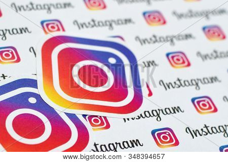 Instagram Pattern Printed On Paper With Small Instagram Logos And Inscriptions. Instagram Is America
