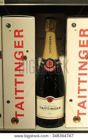 Amsterdam Schiphol Airport, The Netherlands - September 24th 2019: Taittinger Champagne, Bottles In 