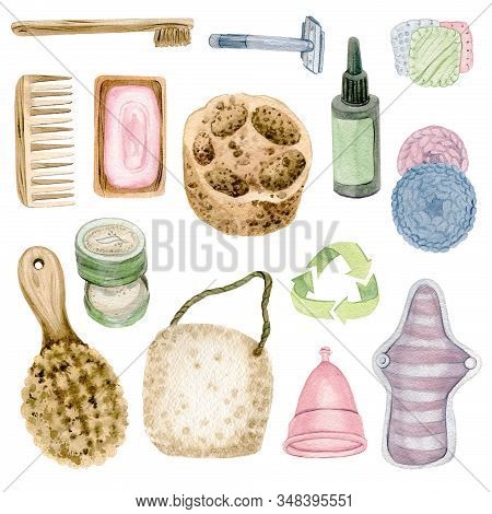 A Set Of Objects On An Environmental Theme. Watercolor Illustration.