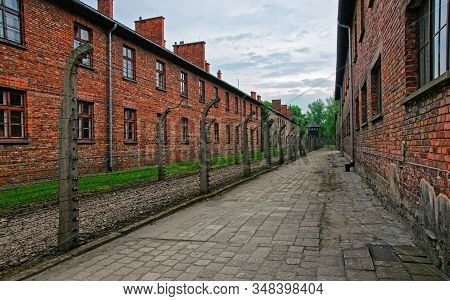 Barbed Wire And Barracks Of Auschwitz Concentration Camp