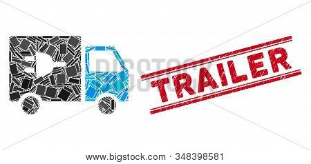 Mosaic Electric Truck Icon And Red Trailer Watermark Between Double Parallel Lines. Flat Vector Elec