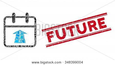 Mosaic Future Day Pictogram And Red Future Seal Between Double Parallel Lines. Flat Vector Future Da