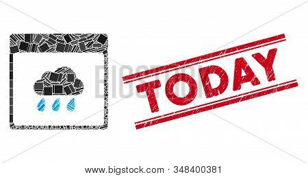 Mosaic Rain Cloud Calendar Page Pictogram And Red Today Stamp Between Double Parallel Lines. Flat Ve
