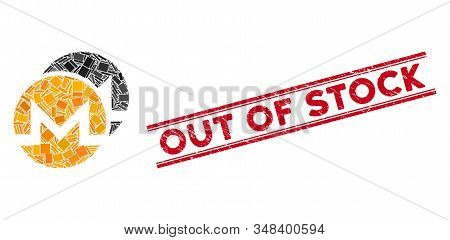 Mosaic Monero Coins Icon And Red Out Of Stock Stamp Between Double Parallel Lines. Flat Vector Moner