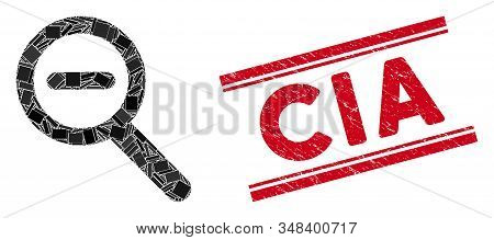 Mosaic Zoom Out Icon And Red Cia Seal Stamp Between Double Parallel Lines. Flat Vector Zoom Out Mosa