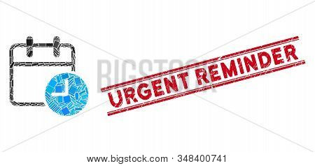 Mosaic Date Time Pictogram And Red Urgent Reminder Seal Between Double Parallel Lines. Flat Vector D