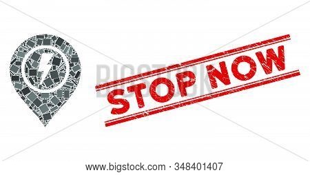 Mosaic Electric Marker Icon And Red Stop Now Rubber Print Between Double Parallel Lines. Flat Vector