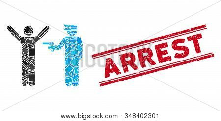 Mosaic Police Arrest Icon And Red Arrest Seal Between Double Parallel Lines. Flat Vector Police Arre