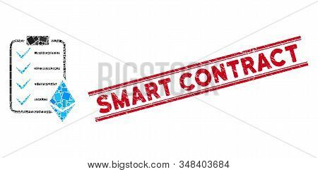 Mosaic Ethereum Smart Contract Icon And Red Smart Contract Seal Between Double Parallel Lines. Flat 