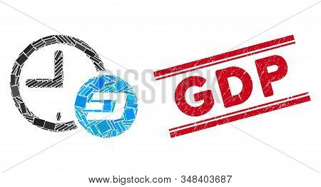 Mosaic Dash Credit Time Icon And Red Gdp Seal Between Double Parallel Lines. Flat Vector Dash Credit