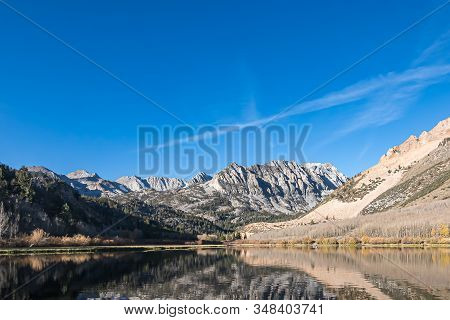 Reflection Of Mountain Peaks And Hills In Mirroring Lake Surface