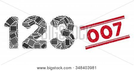 Mosaic Digits Icon And Red 007 Seal Between Double Parallel Lines. Flat Vector Digits Mosaic Icon Of