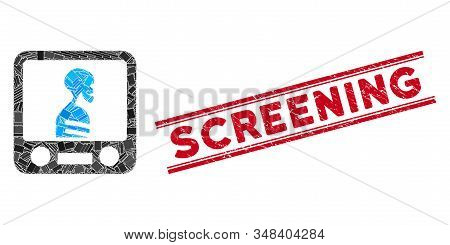 Mosaic Xray Screening Pictogram And Red Screening Stamp Between Double Parallel Lines. Flat Vector X