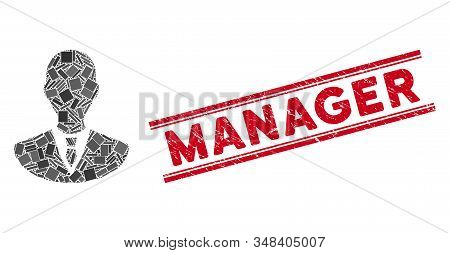 Mosaic Manager Icon And Red Manager Seal Stamp Between Double Parallel Lines. Flat Vector Manager Mo