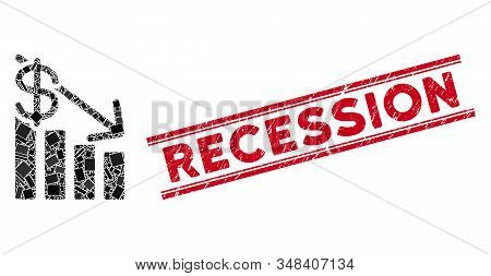 Mosaic Recession Pictogram And Red Recession Seal Stamp Between Double Parallel Lines. Flat Vector R