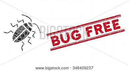 Mosaic Cucaracha Pictogram And Red Bug Free Seal Stamp Between Double Parallel Lines. Flat Vector Cu