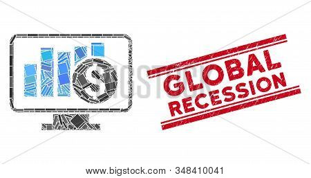 Mosaic Stock Market Monitoring Pictogram And Red Global Recession Stamp Between Double Parallel Line