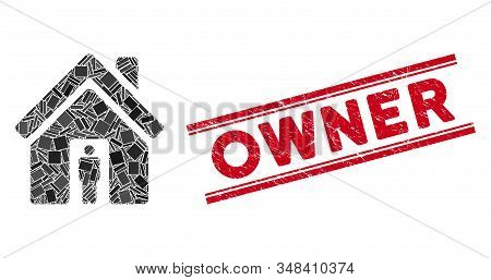 Mosaic House Owner Icon And Red Owner Seal Stamp Between Double Parallel Lines. Flat Vector House Ow