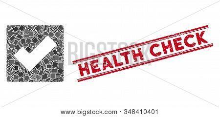 Mosaic Check Pictogram And Red Health Check Stamp Between Double Parallel Lines. Flat Vector Check M