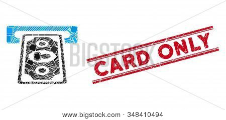 Mosaic Cashpoint Terminal Pictogram And Red Card Only Seal Stamp Between Double Parallel Lines. Flat