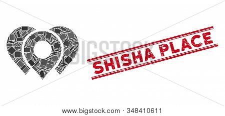 Mosaic Location Markers Pictogram And Red Shisha Place Seal Between Double Parallel Lines. Flat Vect