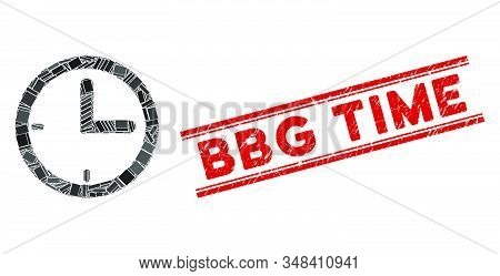 Mosaic Time Icon And Red Bbg Time Stamp Between Double Parallel Lines. Flat Vector Time Mosaic Icon 