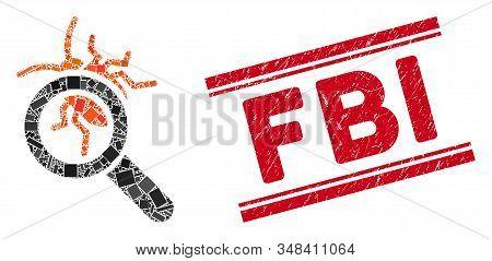 Mosaic Debugger Explorer Pictogram And Red Fbi Seal Between Double Parallel Lines. Flat Vector Debug