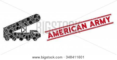 Mosaic Nuclear Rocket Launcher Icon And Red American Army Seal Between Double Parallel Lines. Flat V