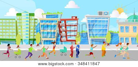 City Running People Vector Illustration. Fitness Workout Women And Men Of All Ages With Urban City S