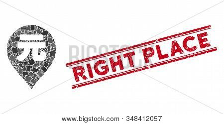 Mosaic Yuan Renminbi Marker Icon And Red Right Place Seal Between Double Parallel Lines. Flat Vector
