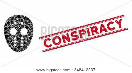 Mosaic Maniac Mask Icon And Red Conspiracy Seal Stamp Between Double Parallel Lines. Flat Vector Man
