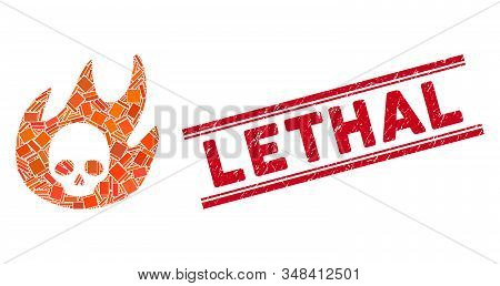 Mosaic Hell Fire Icon And Red Lethal Seal Stamp Between Double Parallel Lines. Flat Vector Hell Fire