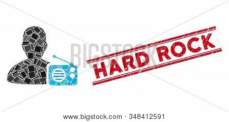 Mosaic Radio Dictor Icon And Red Hard Rock Seal Between Double Parallel Lines. Flat Vector Radio Dic