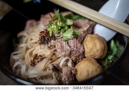 Thai style noodle blood soup,boat noodle,delicious dish,famous Thai noodle soup. Thai peoples call B
