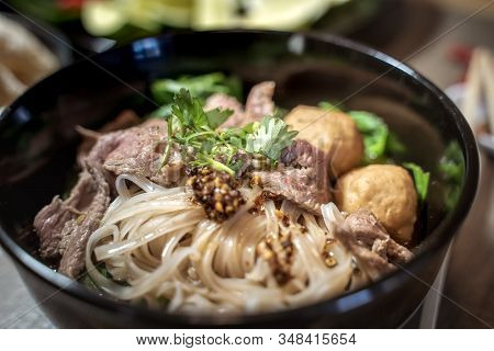 Thai style noodle blood soup,boat noodle,delicious dish,famous Thai noodle soup. Thai peoples call B