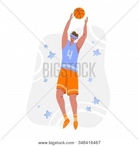Basketball Player With Ball On Playground, Young Muscular Man In Uniform Playing Match, Guy Jumping 